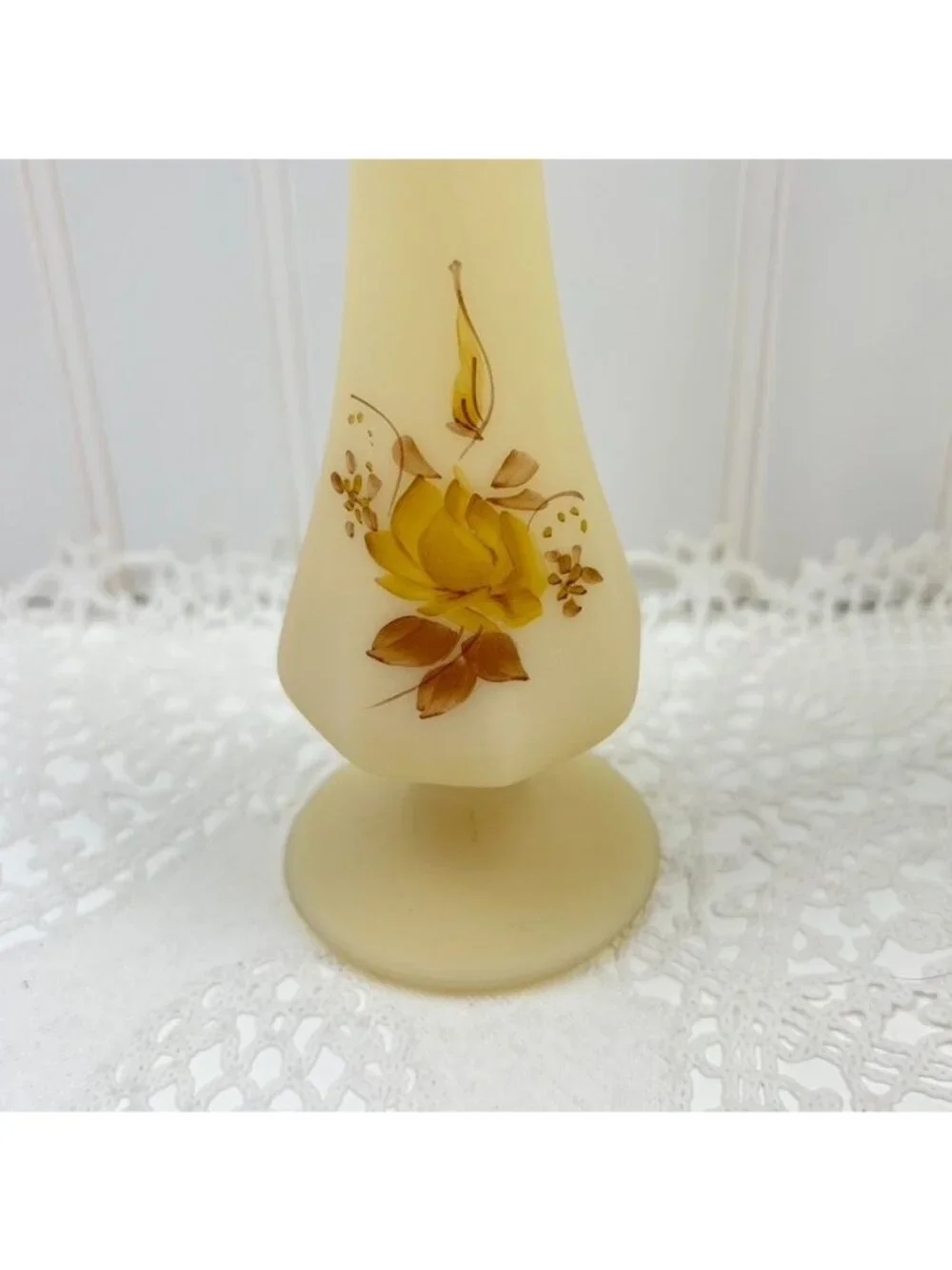 Fenton Custard Glass Satin Pedestal Swung Bud Vase Hand Painted Artist Signed